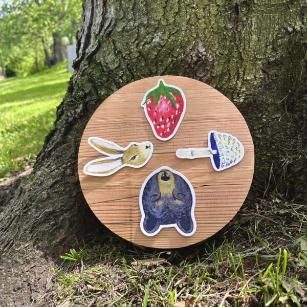 Nikki's 4 "Wheel of the Year" stickers (Strawberry, Mushroom, Bear, and Hare) displayed on a round piece of wood, which is placed on the ground at the base of a tree.