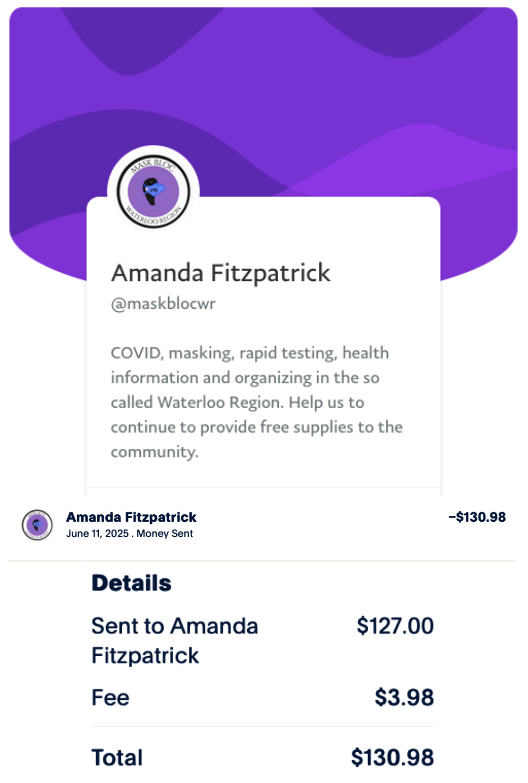 A screenshot of a payment receipt to Mask Bloc Waterloo Region via Paypal.
