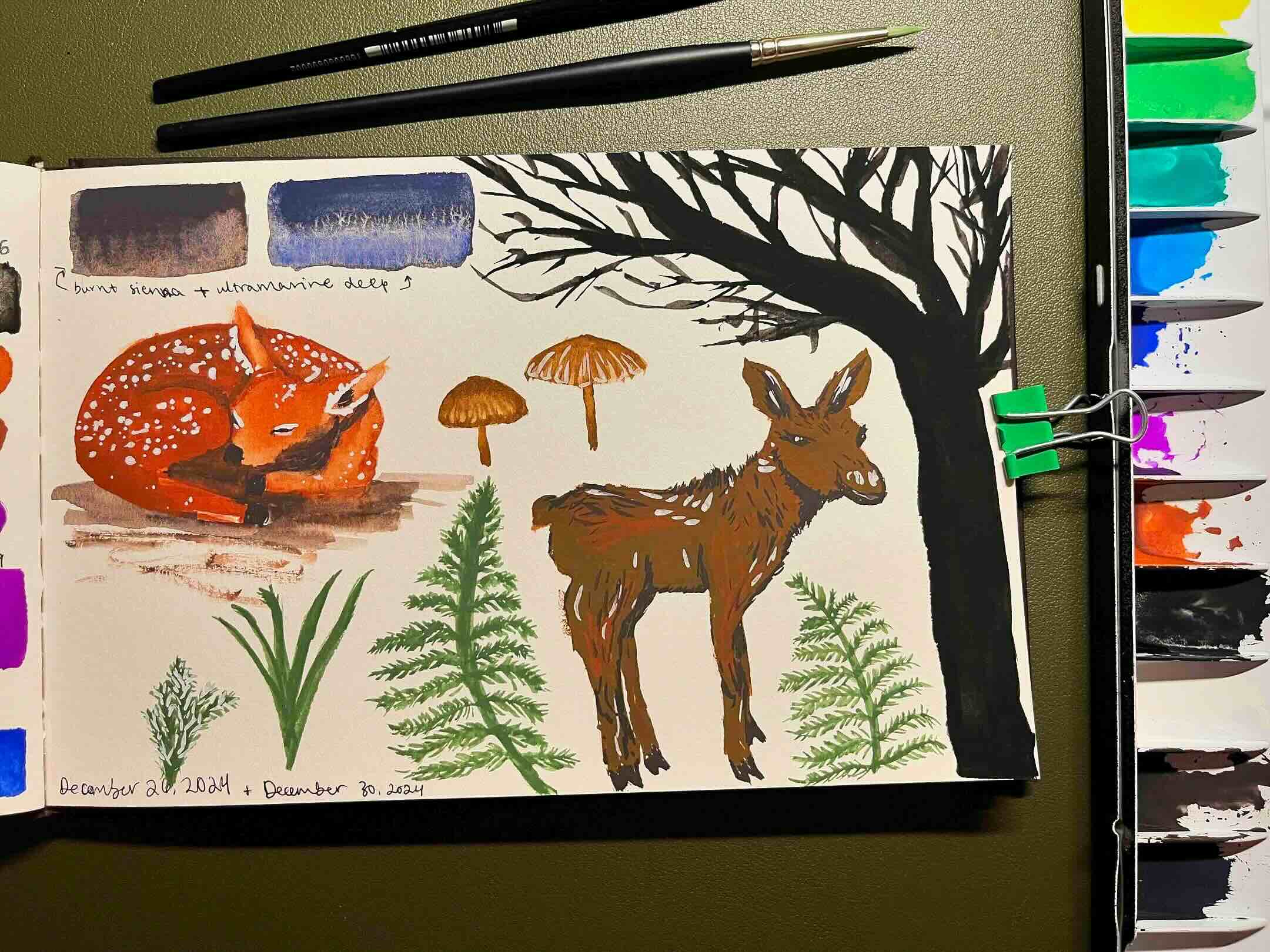 A sketchbook page, filled with small gouache paintings. These include a sleeping fawn (baby deer), some green ferns, a moose calf, some brown and white Mycena haematopus mushrooms, and a dark silhouette of a tree with no leaves. In the top left corner of the page there are two rectangle paint swatches of two different mixtures of burnt sienna (brown) and ultramarine deep (blue) paint.
