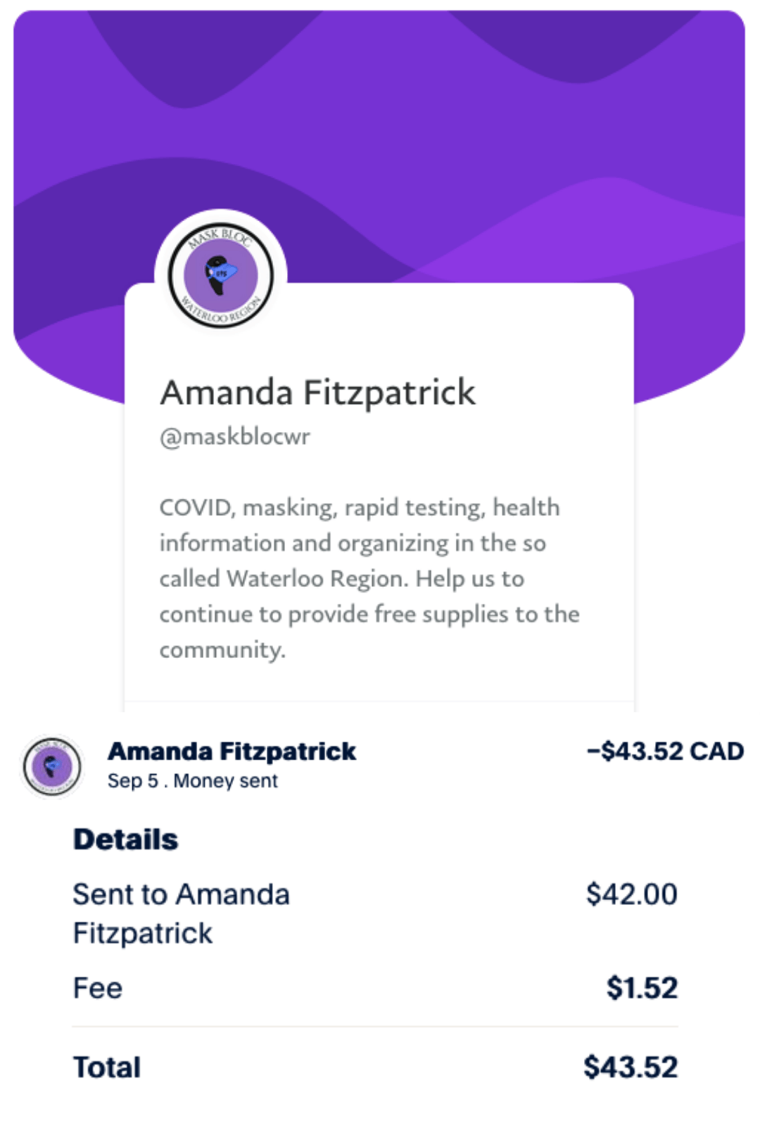 Screenshot of a payment receipts to Mask Bloc Waterloo Region via Paypal.