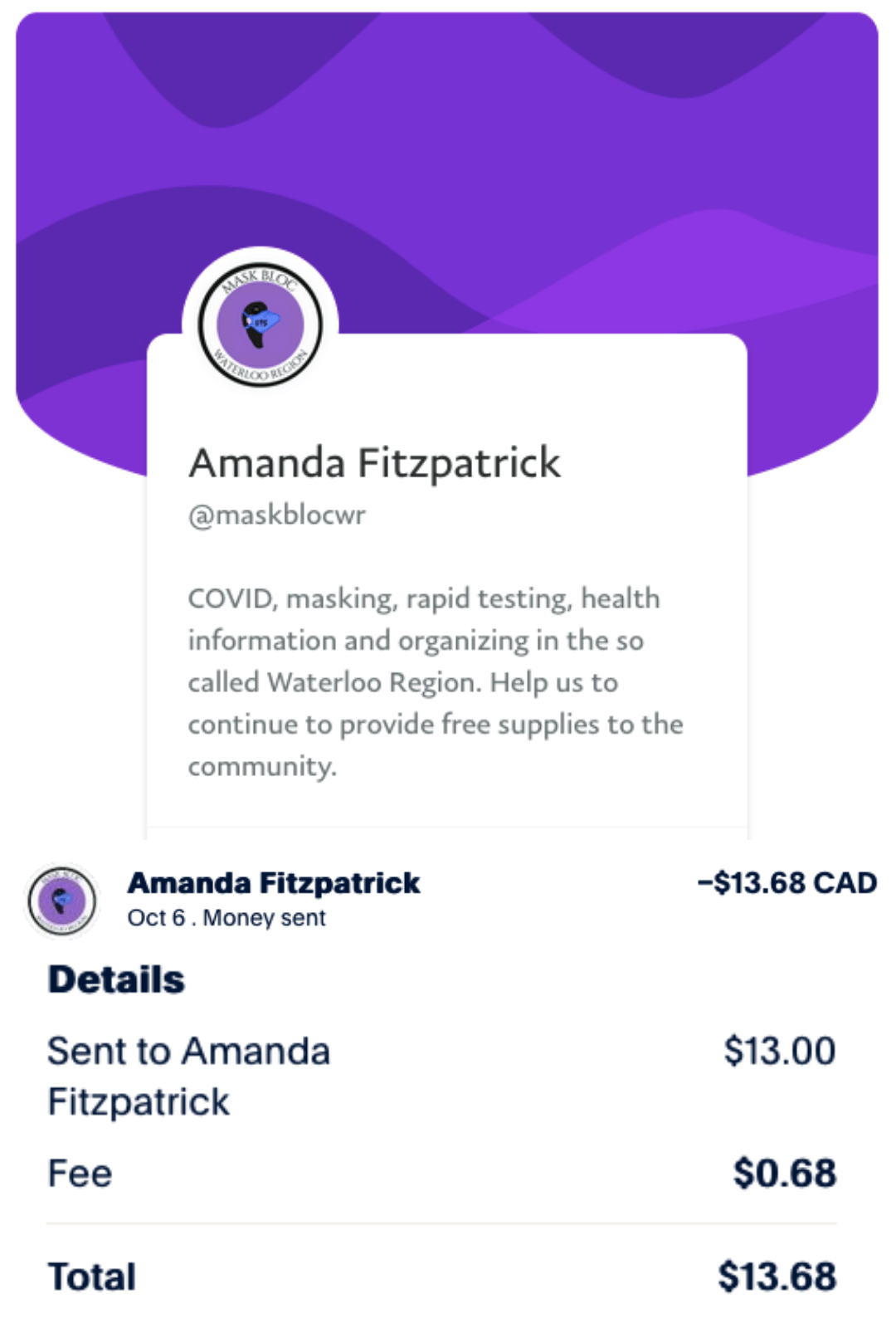 Screenshot of a payment receipts to Mask Bloc Waterloo Region via Paypal.
