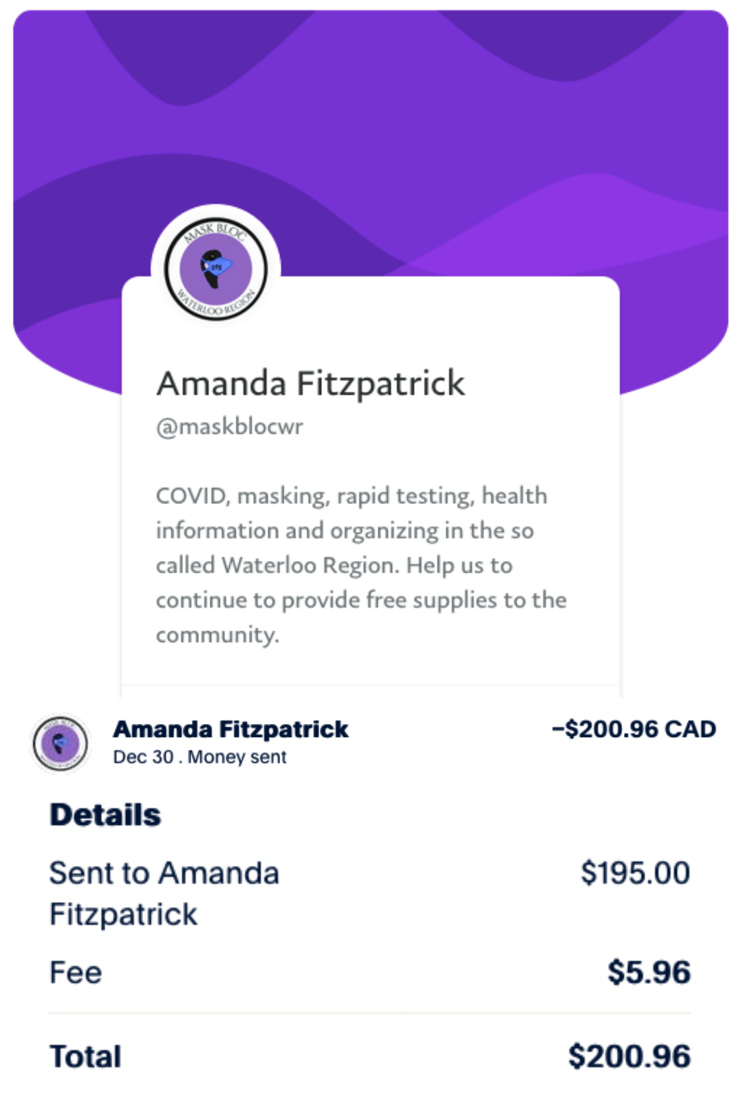 Screenshot of a payment receipts to Mask Bloc Waterloo Region via Paypal.